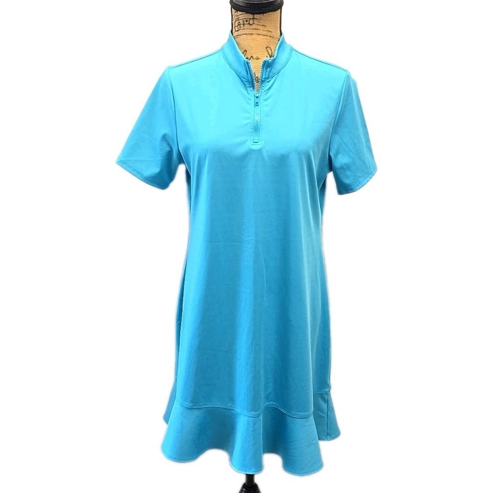 Tommy Bahama Golf Blue Athletic Dress Ruffle Hem Quarter Zip Short Sleeve sz L